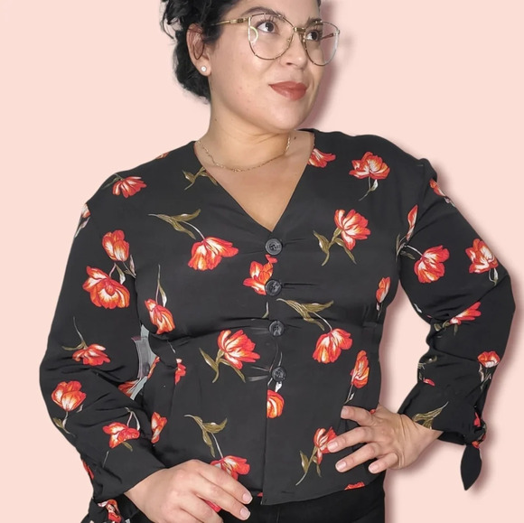 Sweet Rain Floral Black Orange Peplum Button up Top Sz XL - Picture 3 of 7